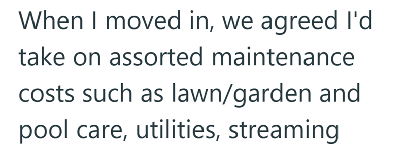 When I moved in, we agreed I'd take on assorted maintenance costs such as lawn/garden and pool care, utilities, streaming