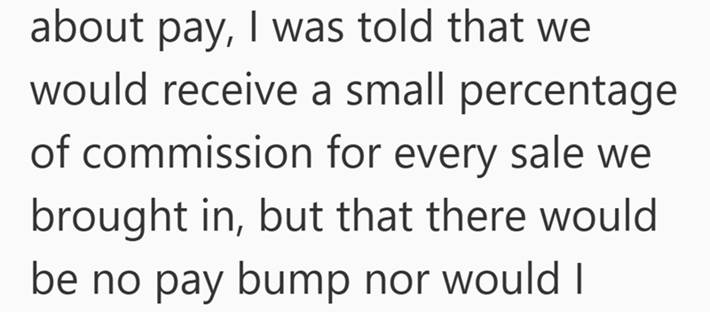 about pay, I was told that we would receive a small percentage of commission for every sale we brought in, but that there would be no pay bump nor would I