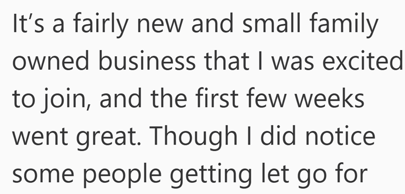 It's a fairly new and small family owned business that I was excited to join, and the first few weeks went great. Though I did notice some people getting let go for