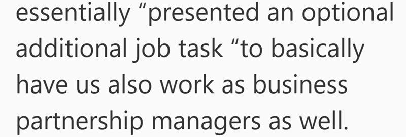 essentially "presented an optional additional job task "to basically have us also work as business partnership managers as well.
