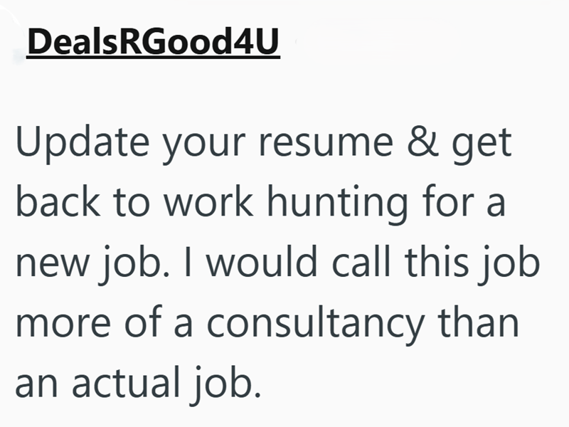 DealsRGood4U Update your resume & get back to work hunting for a new job. I would call this job more of a consultancy than an actual job.