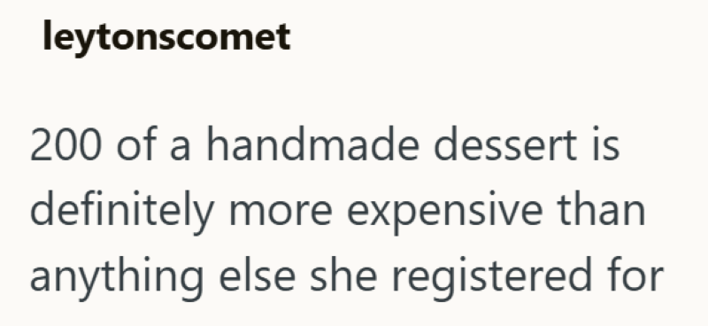 leytonscomet 200 of a handmade dessert is definitely more expensive than anything else she registered for