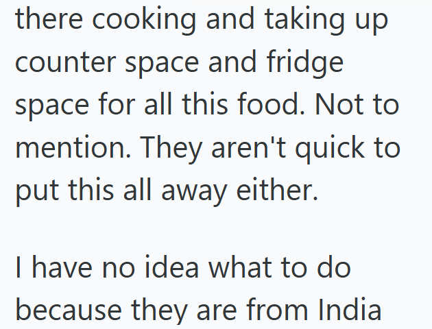 there cooking and taking up counter space and fridge space for all this food. Not to mention. They aren't quick to put this all away either. I have no idea what to do because they are from India.
