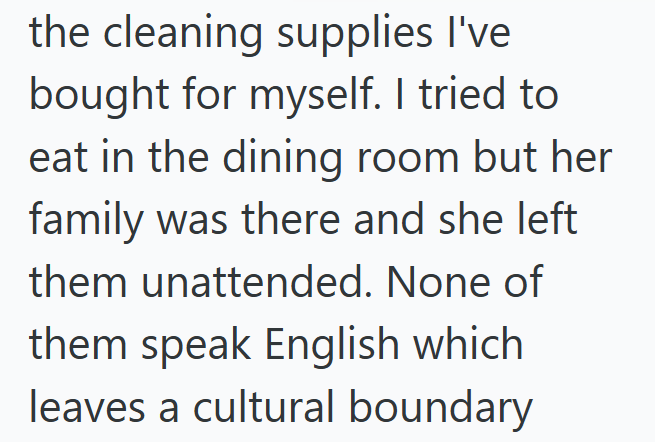 the cleaning supplies I've bought for myself. I tried to eat in the dining room but her family was there and she left them unattended. None of them speak English which leaves a cultural boundary