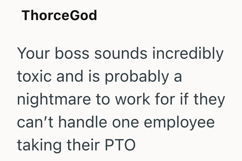 ThorceGod Your boss sounds incredibly toxic and is probably a nightmare to work for if they can't handle one employee taking their PTO