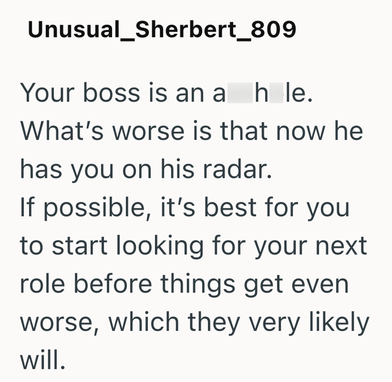 Unusual_Sherbert_809 Your boss is an a hle. What's worse is that now he has you on his radar. If possible, it's best for you to start looking for your next role before things get even worse, which they very likely will.