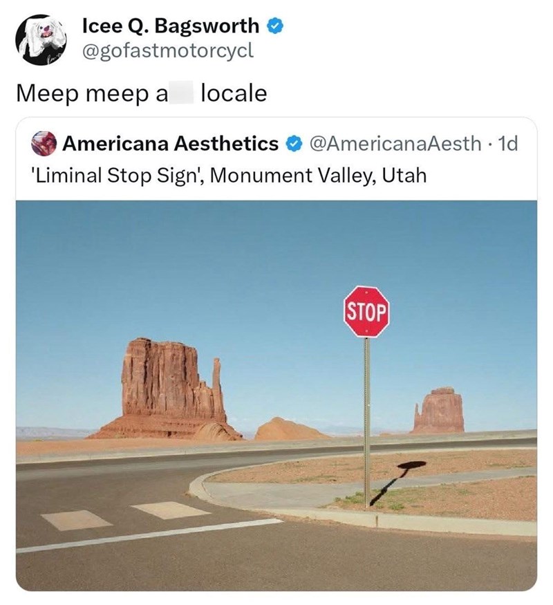 Icee Q. Bagsworth @gofastmotorcycl Meep meep a locale Americana Aesthetics @AmericanaAesth. 1d 'Liminal Stop Sign', Monument Valley, Utah STOP