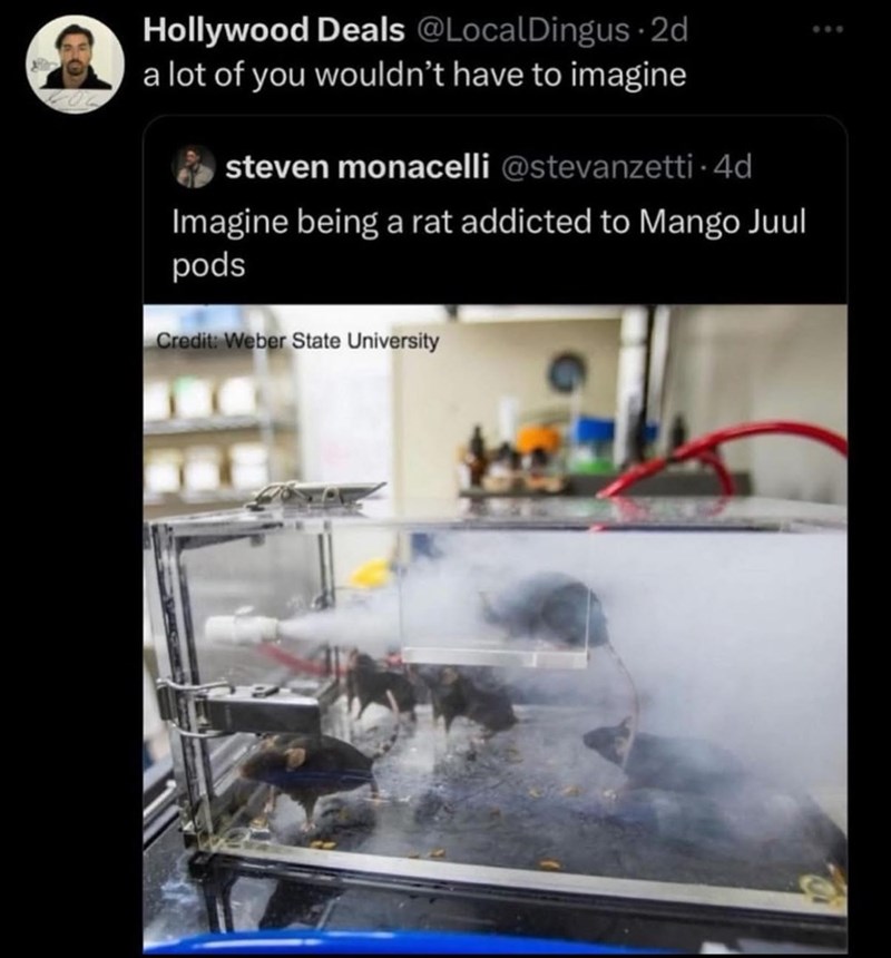 Hollywood Deals @LocalDingus. 2d a lot of you wouldn't have to imagine steven monacelli @stevanzetti -4d Imagine being a rat addicted to Mango Juul pods Credit: Weber State University 400