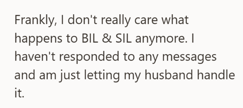 Frankly, I don't really care what happens to BIL & SIL anymore. I haven't responded to any messages and am just letting my husband handle it.