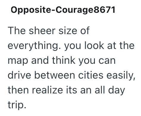 Opposite-Courage8671 The sheer size of everything. you look at the map and think you can drive between cities easily, then realize its an all day trip.