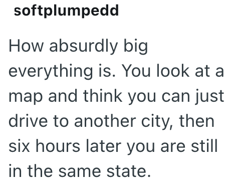 softplumpedd How absurdly big everything is. You look at a map and think you can just drive to another city, then six hours later you are still in the same state.