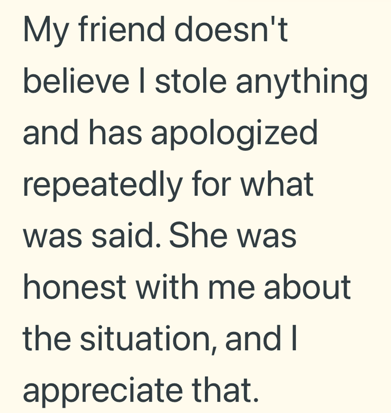 My friend doesn't believe I stole anything and has apologized repeatedly for what was said. She was honest with me about the situation, and I appreciate that.