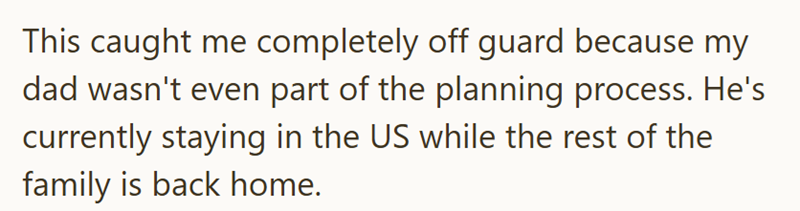 This caught me completely off guard because my dad wasn't even part of the planning process. He's currently staying in the US while the rest of the family is back home.