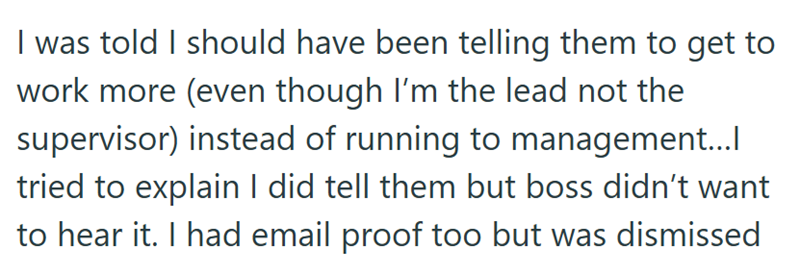 I was told I should have been telling them to get to work more (even though I'm the lead not the supervisor) instead of running to management... tried to explain I did tell them but boss didn't want to hear it. I had email proof too but was dismissed