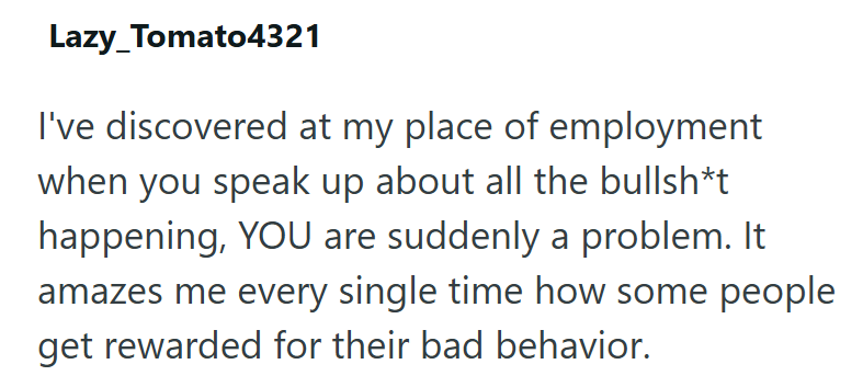 Lazy Tomato4321 I've discovered at my place of employment when you speak up about all the bullsh*t happening, YOU are suddenly a problem. It amazes me every single time how some people get rewarded for their bad behavior.