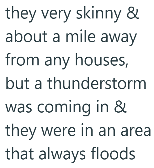 they very skinny & about a mile away from any houses, but a thunderstorm was coming in & they were in an area that always floods