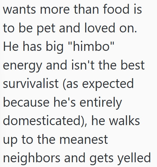 wants more than food is to be pet and loved on. He has big "himbo" energy and isn't the best survivalist (as expected because he's entirely domesticated), he walks up to the meanest neighbors and gets yelled