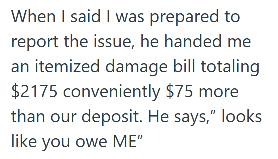 When I said I was prepared to report the issue, he handed me an itemized damage bill totaling $2175 conveniently $75 more than our deposit. He says," looks like you owe ME"