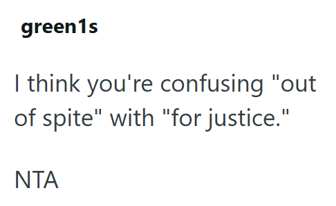 green1s I think you're confusing "out of spite" with "for justice." NTA