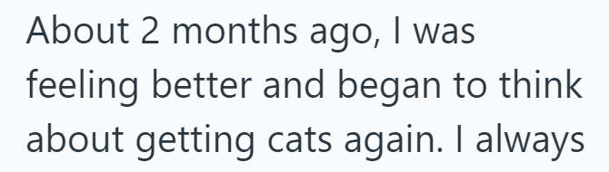 About 2 months ago, I was feeling better and began to think about getting cats again. I always