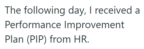 The following day, I received a Performance Improvement Plan (PIP) from HR.