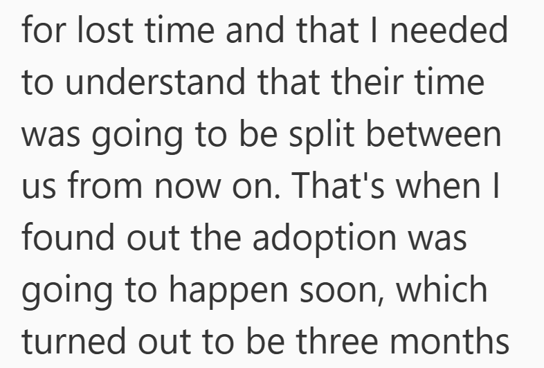for lost time and that I needed to understand that their time was going to be split between us from now on. That's when I found out the adoption was going to happen soon, which turned out to be three months
