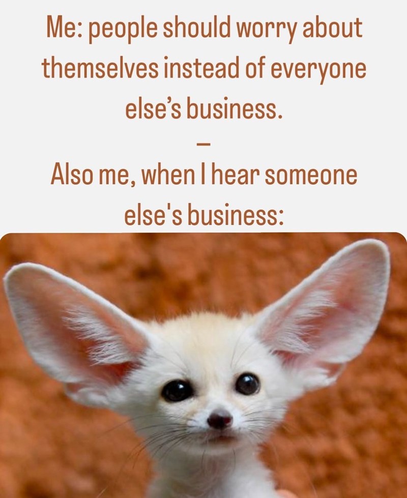 Me: people should worry about themselves instead of everyone else's business. Also me, when I hear someone else's business:
