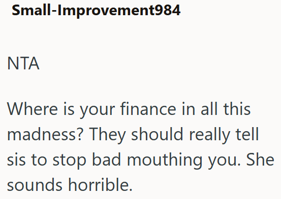 Small-Improvement984 NTA Where is your finance in all this madness? They should really tell sis to stop bad mouthing you. She sounds horrible.