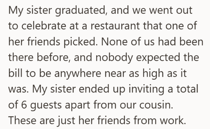 My sister graduated, and we went out to celebrate at a restaurant that one of her friends picked. None of us had been there before, and nobody expected the bill to be anywhere near as high as it was. My sister ended up inviting a total of 6 guests apart from our cousin. These are just her friends from work.