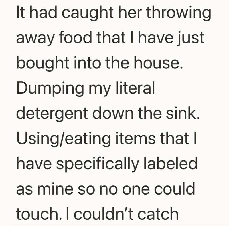 It had caught her throwing away food that I have just bought into the house. Dumping my literal detergent down the sink. Using/eating items that I have specifically labeled as mine so no one could touch. I couldn't catch