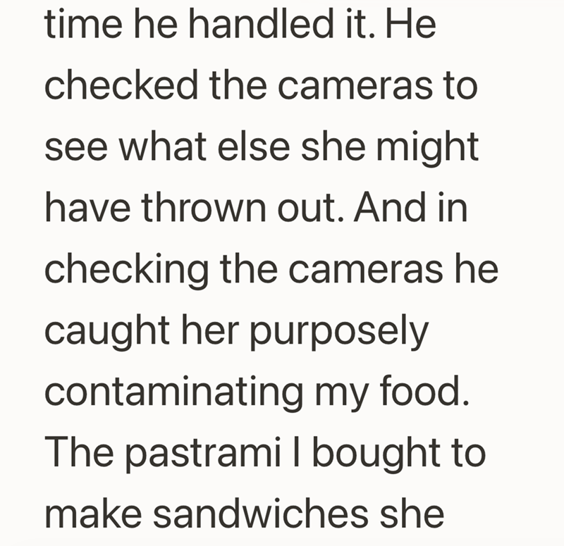 time he handled it. He checked the cameras to see what else she might have thrown out. And in checking the cameras he caught her purposely contaminating my food. The pastrami I bought to make sandwiches she