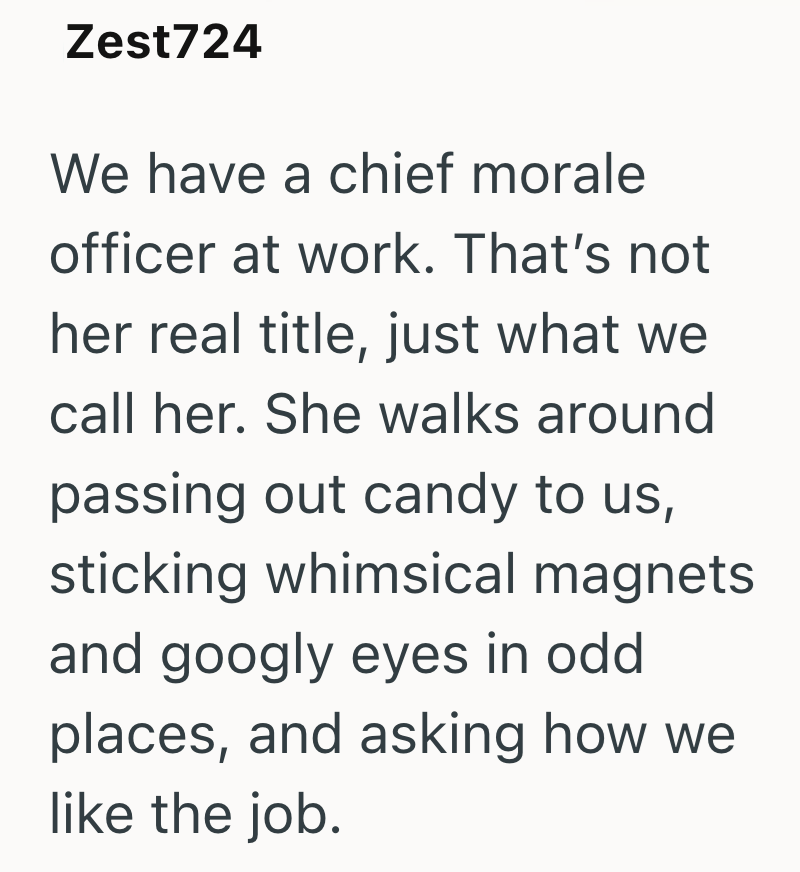 Zest724 We have a chief morale officer at work. That's not her real title, just what we call her. She walks around passing out candy to us, sticking whimsical magnets and googly eyes in odd places, and asking how we like the job.