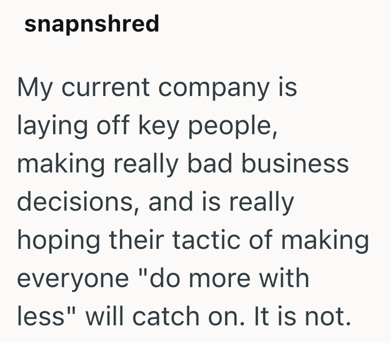 snapnshred My current company is laying off key people, making really bad business. decisions, and is really hoping their tactic of making everyone "do more with less" will catch on. It is not.