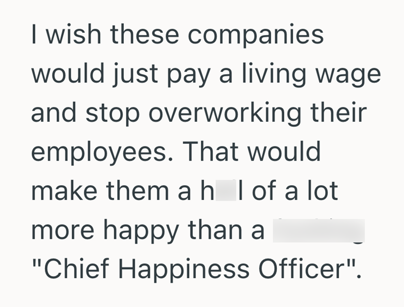 I wish these companies would just pay a living wage and stop overworking their employees. That would make themah I of a lot more happy than a "Chief Happiness Officer".