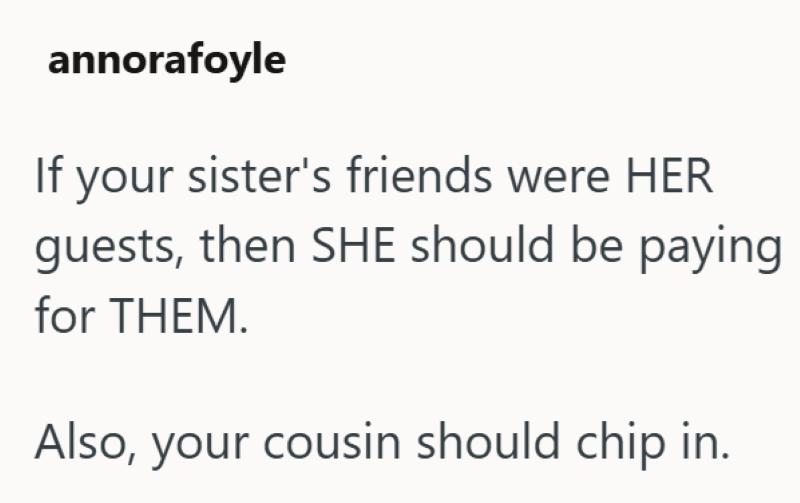 annorafoyle If your sister's friends were HER guests, then SHE should be paying for THEM. Also, your cousin should chip in.