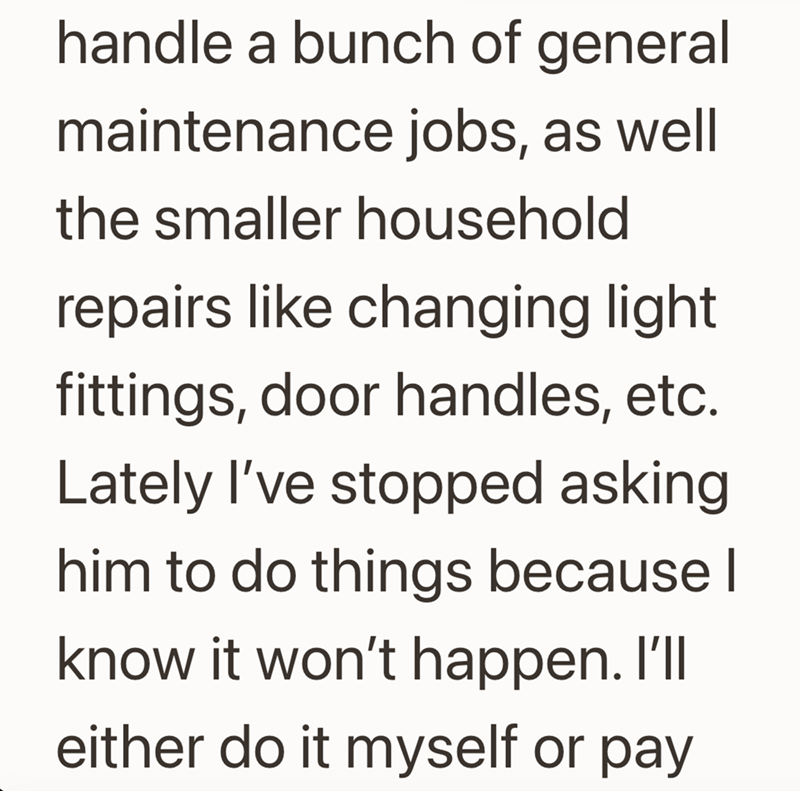 handle a bunch of general maintenance jobs, as well the smaller household repairs like changing light fittings, door handles, etc. Lately I've stopped asking him to do things because I know it won't happen. I'll either do it myself or pay
