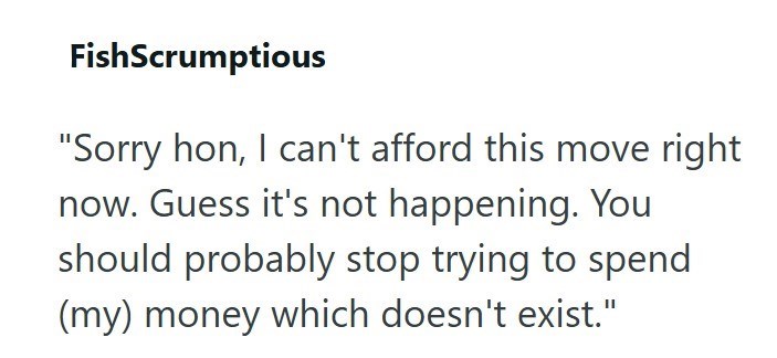 FishScrumptious "Sorry hon, I can't afford this move right now. Guess it's not happening. You should probably stop trying to spend (my) money which doesn't exist."