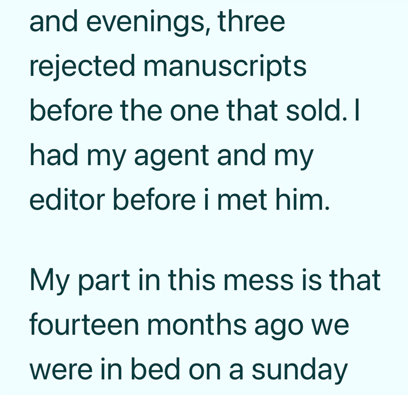 and evenings, three rejected manuscripts before the one that sold. I had my agent and my editor before i met him. My part in this mess is that fourteen months ago we were in bed on a sunday
