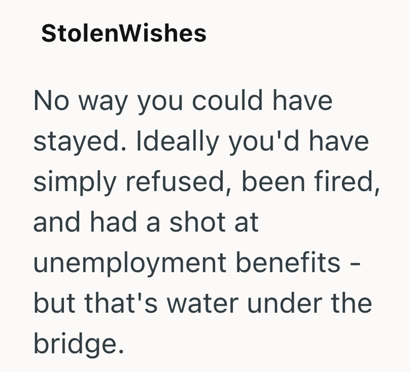 StolenWishes No way you could have stayed. Ideally you'd have simply refused, been fired, and had a shot at unemployment benefits - but that's water under the bridge.