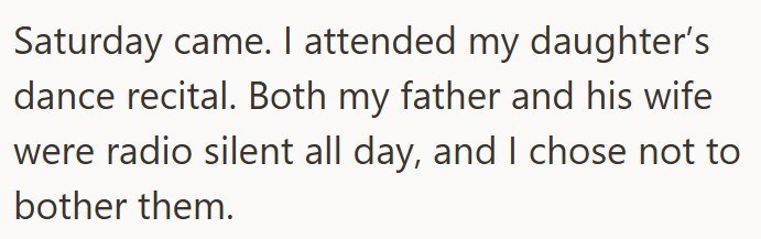 Saturday came. I attended my daughter's dance recital. Both my father and his wife were radio silent all day, and I chose not to bother them.