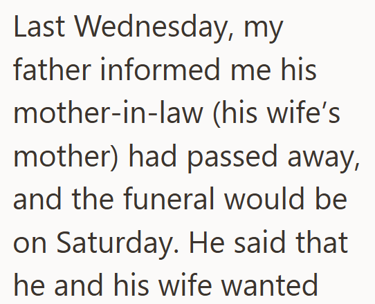 Last Wednesday, my father informed me his mother-in-law (his wife's mother) had passed away, and the funeral would be on Saturday. He said that he and his wife wanted