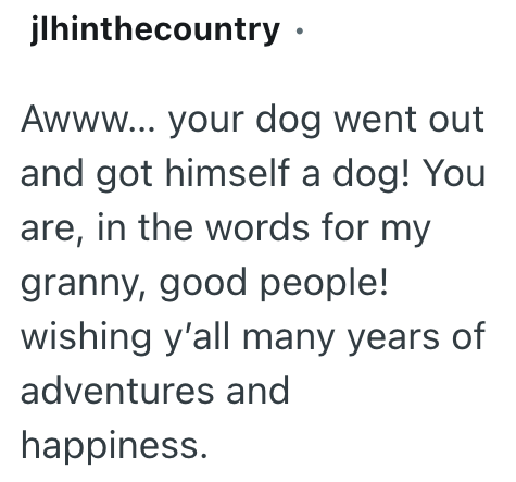 jlhinthecountry. Awww... your dog went out and got himself a dog! You are, in the words for my granny, good people! wishing y'all many years of adventures and happiness.