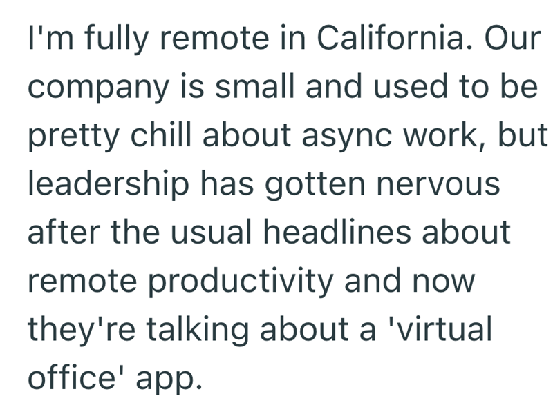 I'm fully remote in California. Our company is small and used to be pretty chill about async work, but leadership has gotten nervous after the usual headlines about remote productivity and now they're talking about a 'virtual office' app.