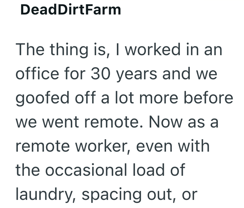 DeadDirtFarm The thing is, I worked in an office for 30 years and we goofed off a lot more before we went remote. Now as a remote worker, even with the occasional load of laundry, spacing out, or