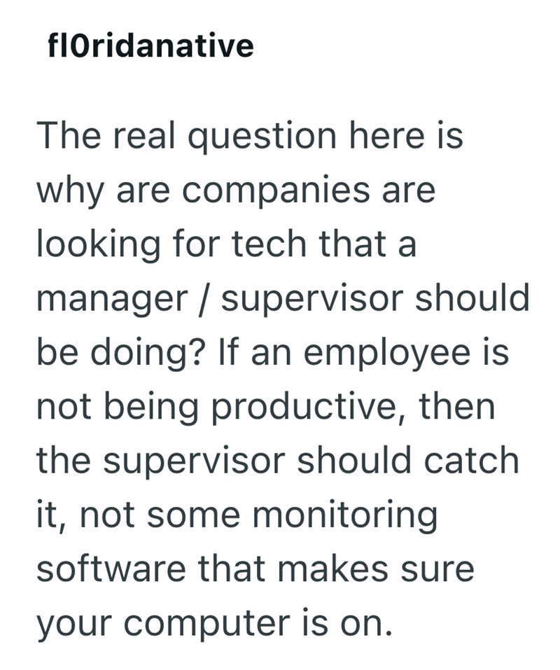 floridanative The real question here is why are companies are looking for tech that a manager/supervisor should be doing? If an employee is not being productive, then the supervisor should catch it, not some monitoring software that makes sure your computer is on.