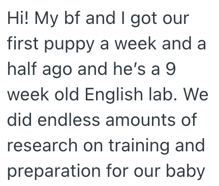 Hi! My bf and I got our first puppy a week and a half ago and he's a 9 week old English lab. We did endless amounts of research on training and preparation for our baby