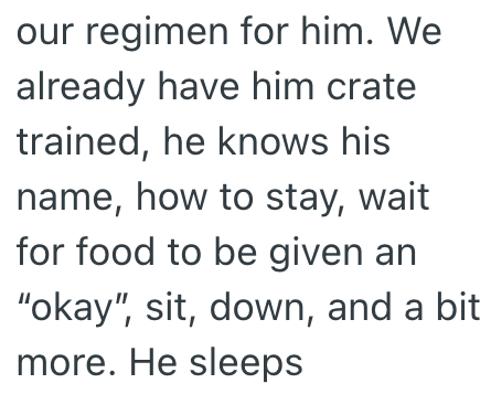 our regimen for him. We already have him crate trained, he knows his name, how to stay, wait for food to be given an "okay", sit, down, and a bit more. He sleeps