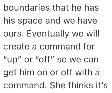 boundaries that he has his space and we have ours. Eventually we will create a command for "up" or "off" so we can get him on or off with a command. She thinks it's