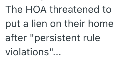 The HOA threatened to put a lien on their home after "persistent rule violations"...