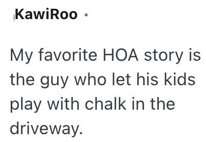 KawiRoo⚫ My favorite HOA story is the guy who let his kids play with chalk in the driveway.